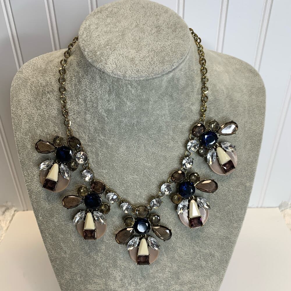 Y2k Statement Necklace Brpwn Blue Topaz Cream 3 D Gold 21"
